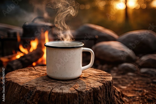 Serene camping scene with steaming enamel cup on wooden stump amidst glowing campfire capturing the essence of outdoor solitude and warmth in a natural setting