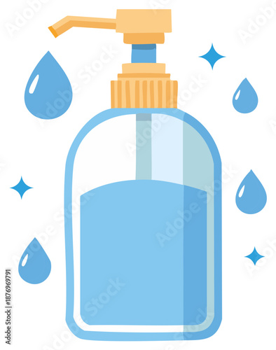 Illustrated dispenser with blue liquid, drops, and sparkles for hand hygiene.