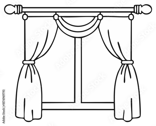 Line art drawing of an elegant window with tied back curtains and a decorative valance illustration