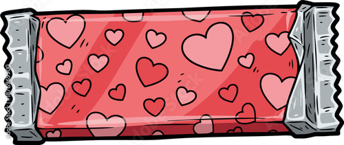 A red heart-shaped wrapped candy adorned with pink and red hearts on transparent background