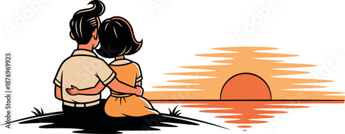 A couple sitting closely together on a hill watching a beautiful sunset on transparent background