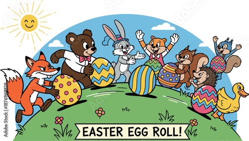 A group of cartoon animals and a duck celebrating Easter with colorful eggs on transparent background