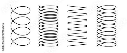 Spiral spring set. Metal wire coil spring icon collection. Thin zigzag waves line symbol. Flexible coil shapes. Loop line pattern. Vector illustration isolated on white background. 