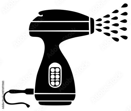 Handheld garment steamer black and white icon with steam spray for clothes care