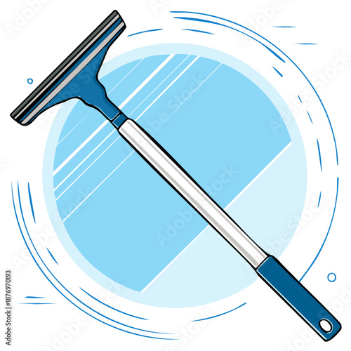 Cartoon illustration of a blue window cleaner with a geometric background design.