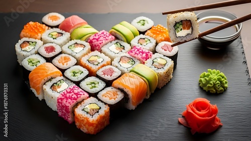 An exquisite heart-shaped sushi platter featuring diverse rolls and nigiri for a special culinary experience
