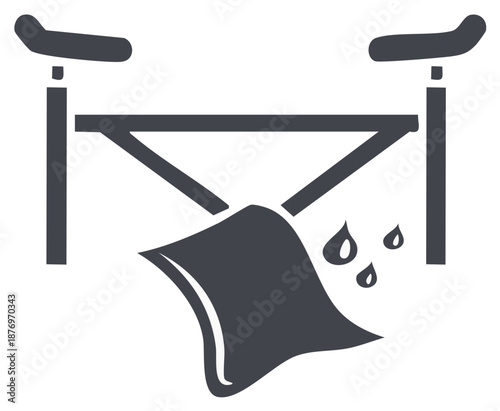 Graphic symbol depicting wet laundry suspended on a drying rack, with water drops falling from the fabric.