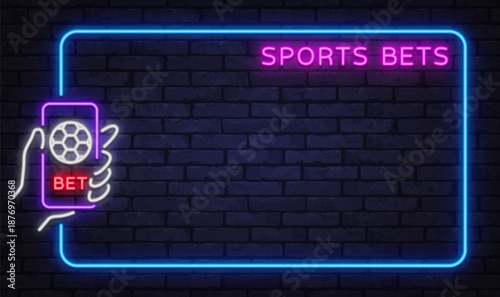 Modern neon sports bets frame with smartphone and football icon. Great for betting apps, sport promotions, or online platforms.