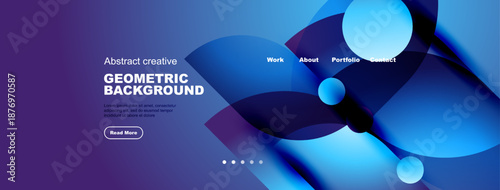 Abstract website header design. Blue purple gradients, geometric shapes, text elements present. Navigation menu visible. Modern aesthetic.