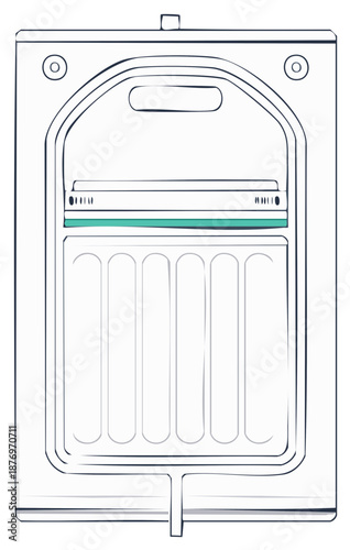 Simplified line drawing illustration of a domestic ice maker interior with cooling fins and a water reservoir