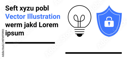 Data protection, innovation, cybersecurity, secure technology, inspiration, intellectual property. Lightbulb icon next to a lock shield symbol. Cybersecurity and innovation conceptual design