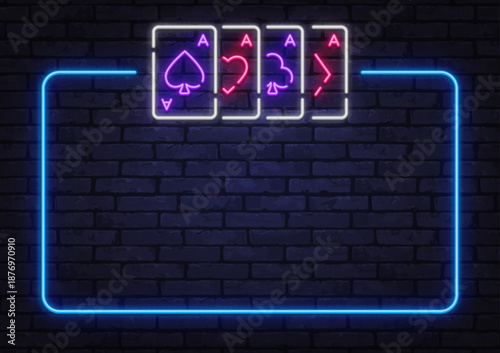 Neon frame with four aces in bright colors on brick wall. Great for poker tournaments, casino visuals, or gambling layouts.