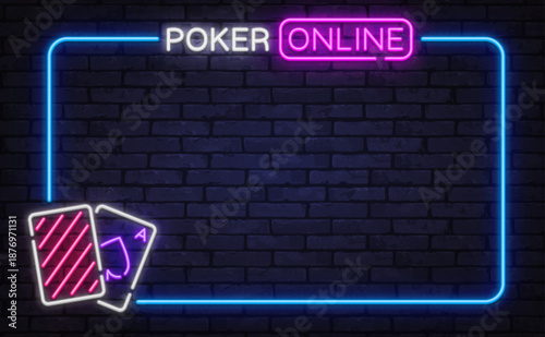 Glowing neon poker online frame with playing cards on dark brick background. Ideal for casino websites, streaming overlays, or game screens.