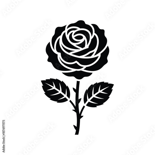 a black and white image of a rose with leaves