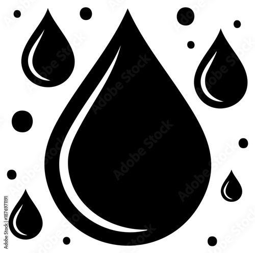 Stylized black liquid drops and bubbles falling vector graphic icon. Modern minimal clean water or oil illustration.