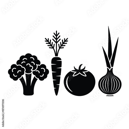 Black and white illustration of four common vegetables on a plain background