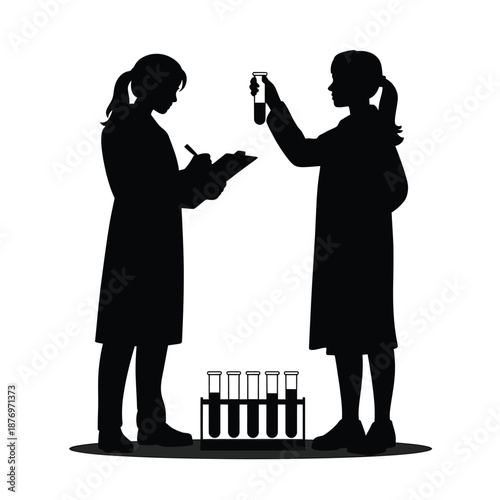 Two girls in lab coats examining test tubes in a science setting