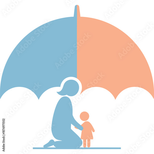 Mother and Child Under Umbrella Illustration - Symbolizing Protection, Care, Love in Minimalist Style