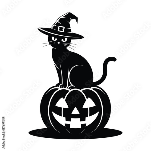 Black cat in witch hat sitting on jack o lantern