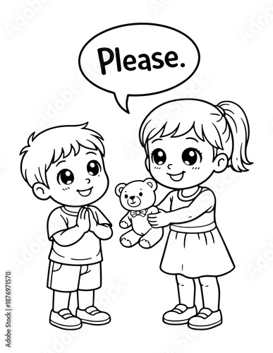 Smiling cartoon boy and girl with speech bubbles talking happily together in a loving family moment
