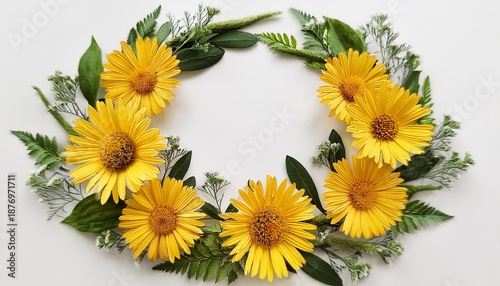 Floral Wreath Illustration Yellow Daisy Green Leaves Botanical Circle