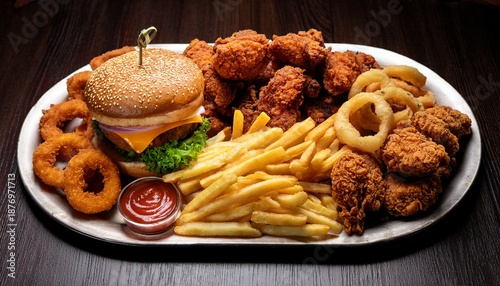 A Large Platter Of Burgers Fries Chicken Tenders And Onion Rings