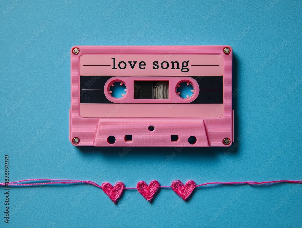 Obraz premium Pink cassette tape playing love song with hearts