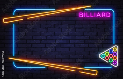 Stylish neon billiard frame with cues and colorful balls. Ideal for pool clubs, game rooms, or sports bar visuals.