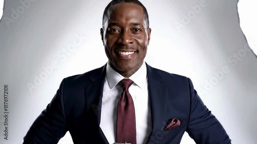 Confident businessman in navy suit smiling with hands on hips