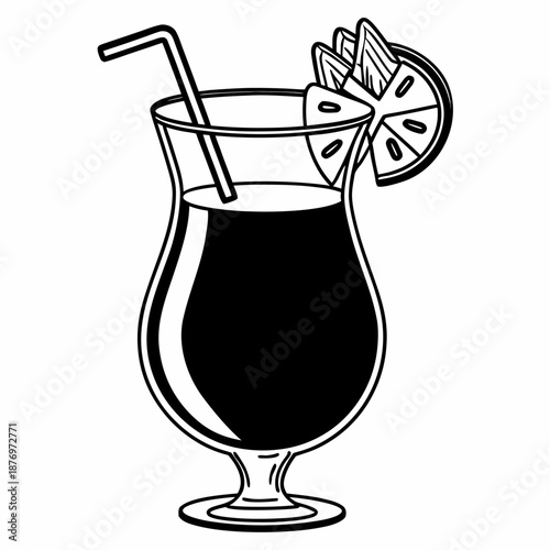 Minimalist line icon of pina colada cocktail in hurricane glass with pineapple slice and straw, clean black outline, thin stroke, vector illustration, isolated on white background, modern flat linear 