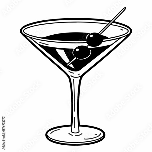 Minimalist line icon of martini cocktail glass with olive on stick, clean black outline, thin stroke, vector illustration, isolated on white background, modern simple linear style