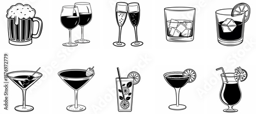 Alcohol Drinks and Cocktails Line Icons Set, Minimal Black Outline Vector, Clean modern linear vector icons isolated on white background