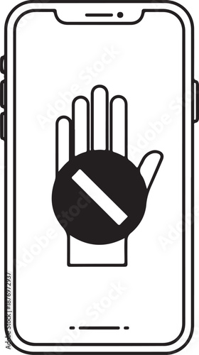 Mobile phone with stop hand gesture indicating restriction or digital detox warning