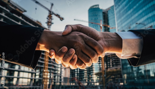 Business partners shaking hands in front of a construction site symbolizing a new deal and partnership agreement