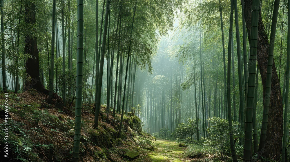 Obraz premium Emerald bamboo grove with soft morning light and mossy floor