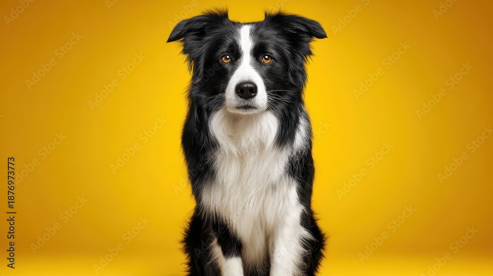 Fototapeta premium Calm Border Collie in a grooming-ready portrait with a clean yellow backdrop
