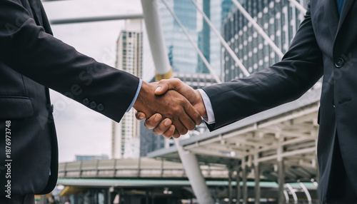 Professional business partners shaking hands in a modern urban environment, symbolizing successful negotiation, agreement, and collaborative business deal