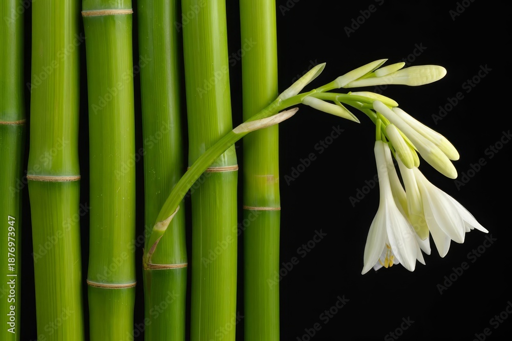 Fototapeta premium Flower growing with bamboo grove on black, background.