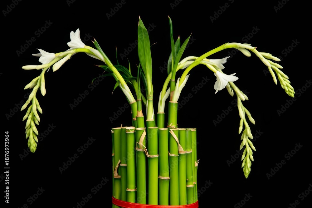 Fototapeta premium Flower growing with bamboo grove on black, background.