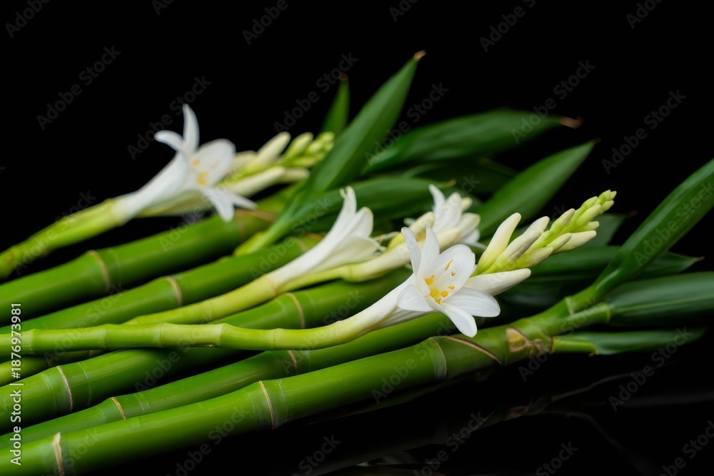 Fototapeta premium Flower growing with bamboo grove on black, background.