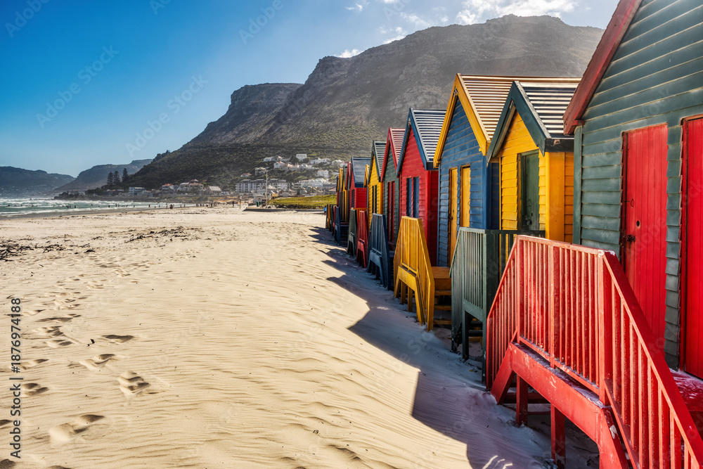 Fototapeta premium Muizenberg Beach Huts in Cape Town during a Sunny Day