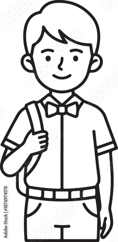 A young boy student with a bow tie and backpack ready for school, line art illustration