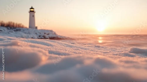 A picturesque lighthouse stands tall against a vibrant sunset, surrounded by icy landscapes, symbolizing hope and guidance in a serene winter setting.