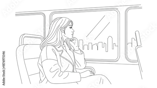 A woman gazes out of a vehicle window a cityscape faintly visible in the background