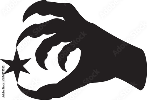 Silhouette of a clawed hand reaching for a star on a transparent background, a powerful fantasy concept for design projects