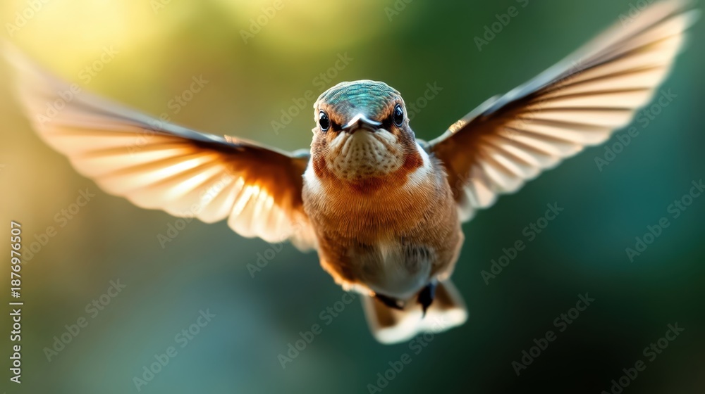 Fototapeta premium A stunning close-up of a hummingbird in mid-flight, showcasing its vibrant colors and graceful wings, symbolizing agility and beauty in nature.