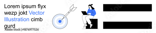 Goal setting, online learning, productivity, digital focus, business strategy, remote work. Woman using a laptop, target sign beside her black bars on the right. Goal setting and productivity