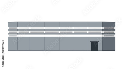Modern industrial building facade illustration. Minimalist flat design with clean horizontal lines and simple entrance door. Ideal contemporary architecture graphic
