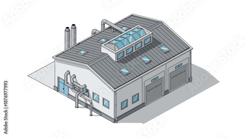 Isometric modern factory building graphic featuring industrial pipes, prominent skylights, and multiple garage doors for manufacturing and warehouse facility concepts
