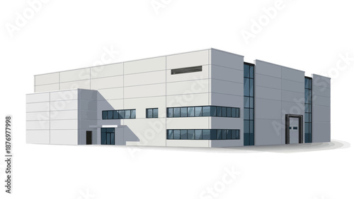 Sleek vector illustration depicting a modern industrial building. This contemporary commercial warehouse or factory facility features large windows, designed for logistics and manufacturing